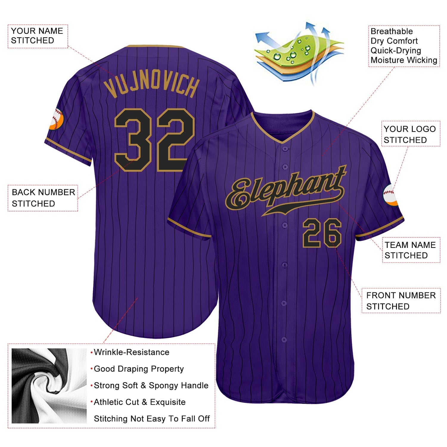 Custom Purple Black Pinstripe Black-Old Gold Authentic Baseball Jersey - Sky-Custom