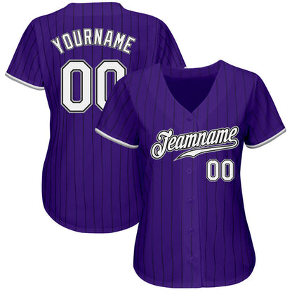 Custom Purple Black Pinstripe White-Gray Authentic Baseball Jersey - Sky-Custom