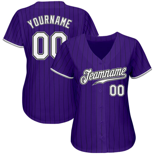 Custom Purple Black Pinstripe White-Gray Authentic Baseball Jersey - Sky-Custom