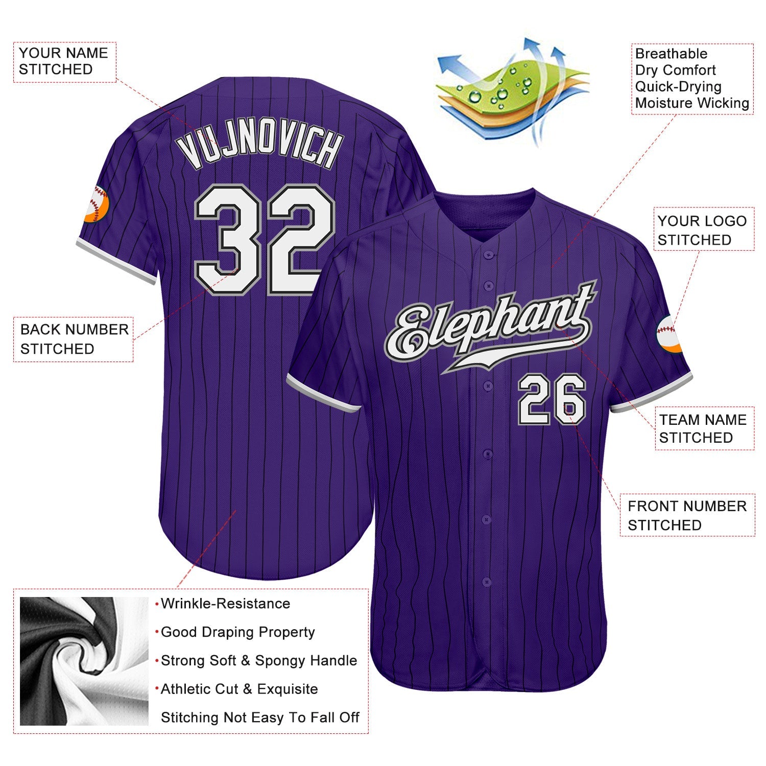 Custom Purple Black Pinstripe White-Gray Authentic Baseball Jersey - Sky-Custom
