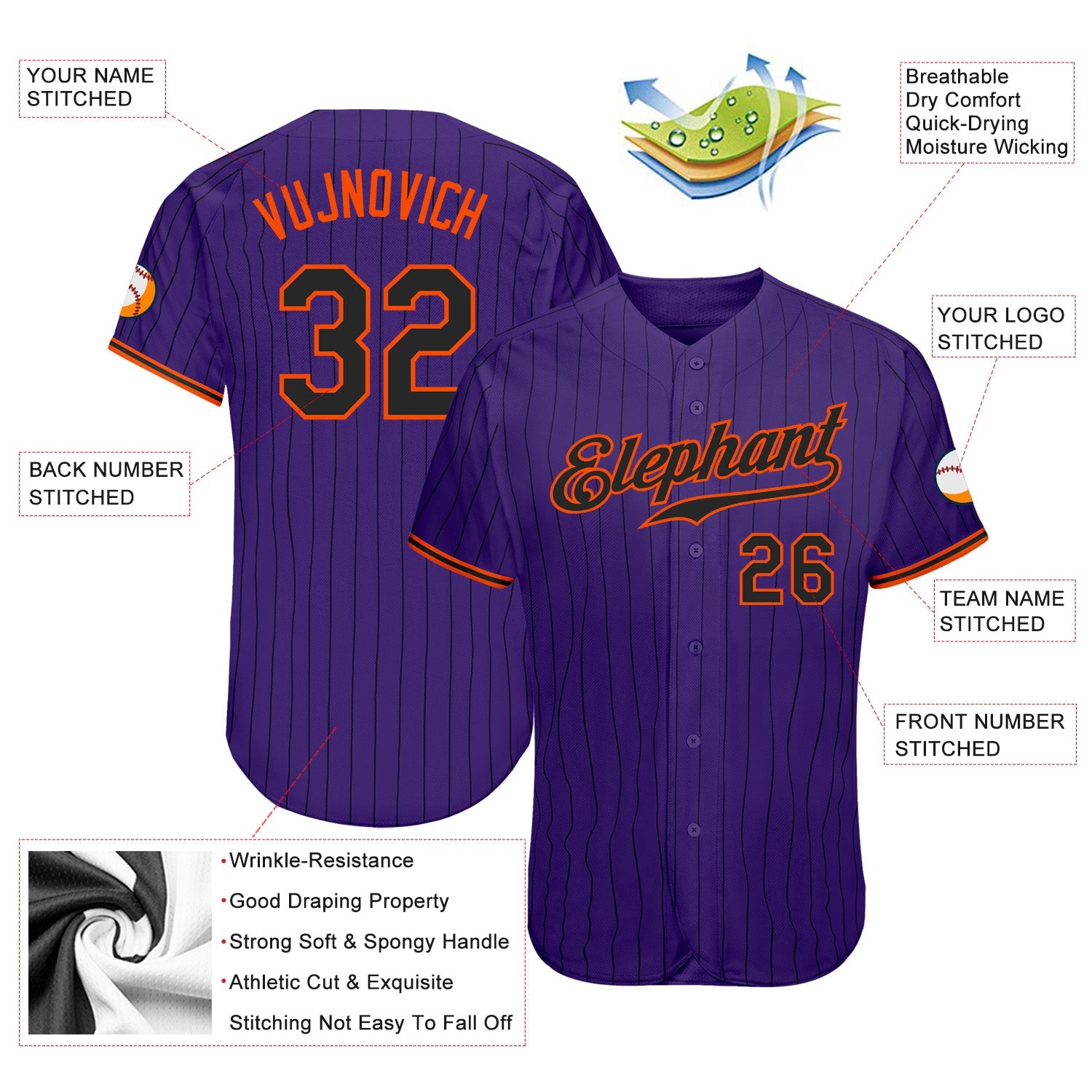 Custom Purple Black Pinstripe Black-Orange Authentic Baseball Jersey - Sky-Custom