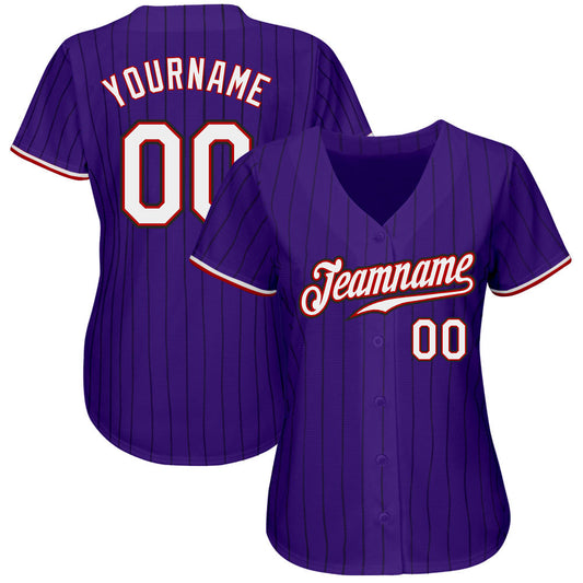 Custom Purple Black Pinstripe White-Red Authentic Baseball Jersey - Sky-Custom