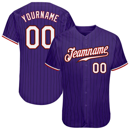 Custom Purple Black Pinstripe White-Red Authentic Baseball Jersey - Sky-Custom