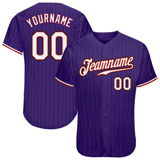 Custom Purple Black Pinstripe White-Red Authentic Baseball Jersey - Sky-Custom