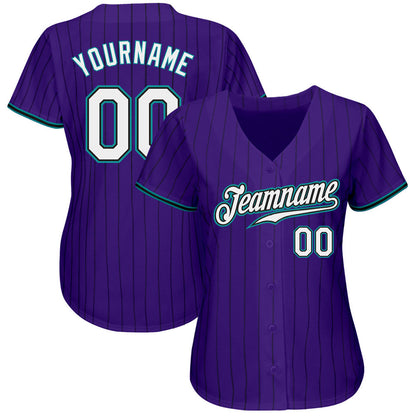 Custom Purple Black Pinstripe White-Teal Authentic Baseball Jersey - Sky-Custom