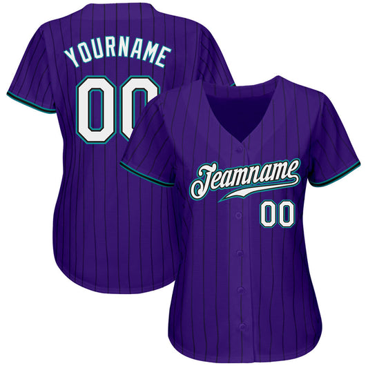 Custom Purple Black Pinstripe White-Teal Authentic Baseball Jersey - Sky-Custom
