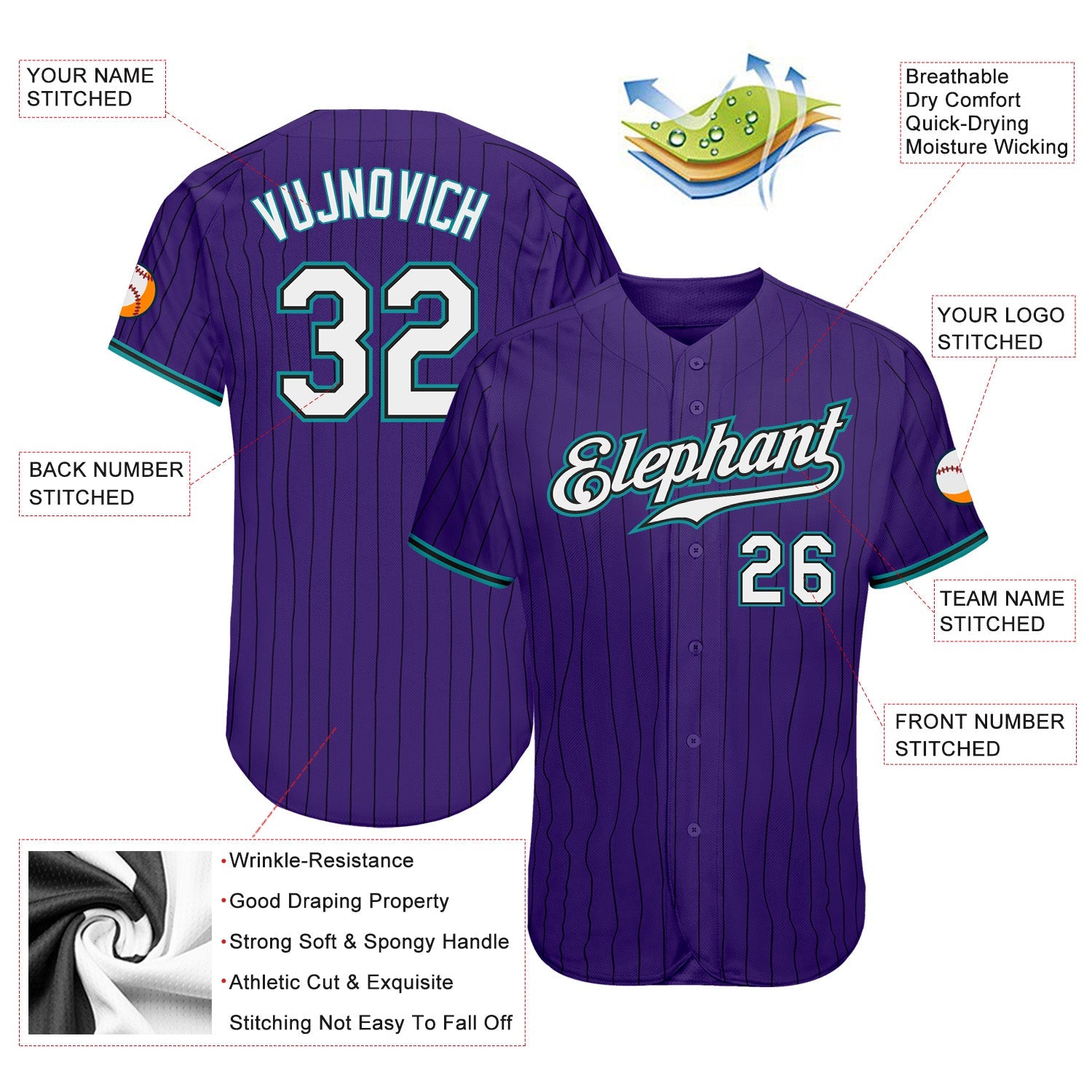 Custom Purple Black Pinstripe White-Teal Authentic Baseball Jersey - Sky-Custom