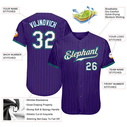 Custom Purple Black Pinstripe White-Teal Authentic Baseball Jersey - Sky-Custom