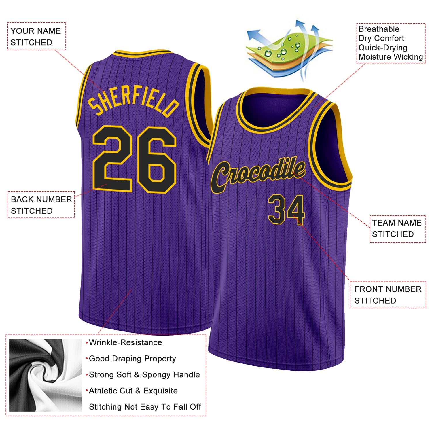 Custom Purple Black Pinstripe Black-Gold Authentic Basketball Jersey - Sky-Custom