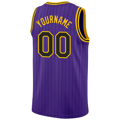 Custom Purple Black Pinstripe Black-Gold Authentic Basketball Jersey - Sky-Custom