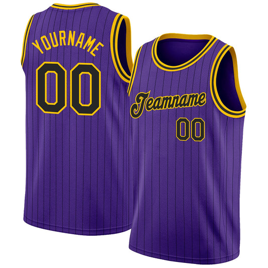 Custom Purple Black Pinstripe Black-Gold Authentic Basketball Jersey - Sky-Custom