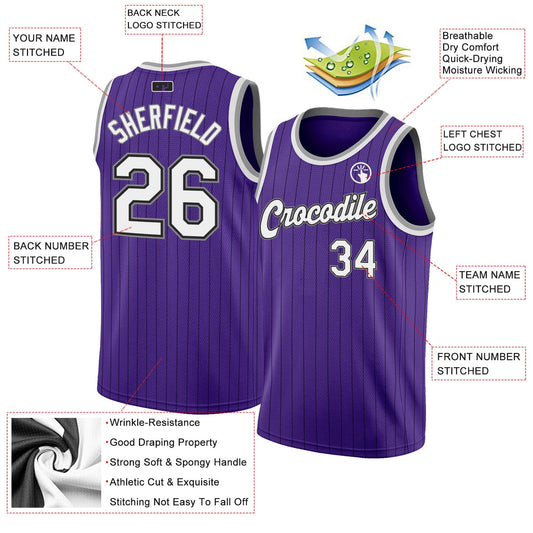 Custom Purple Black Pinstripe White-Gray Authentic Basketball Jersey - Sky-Custom