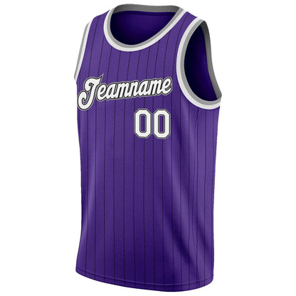 Custom Purple Black Pinstripe White-Gray Authentic Basketball Jersey - Sky-Custom