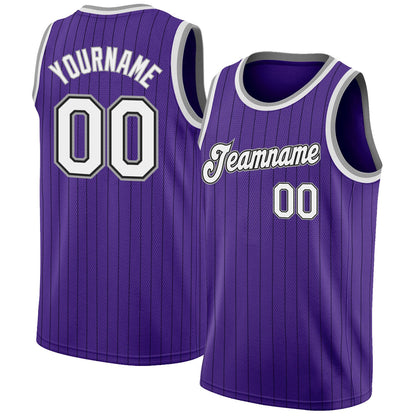 Custom Purple Black Pinstripe White-Gray Authentic Basketball Jersey - Sky-Custom