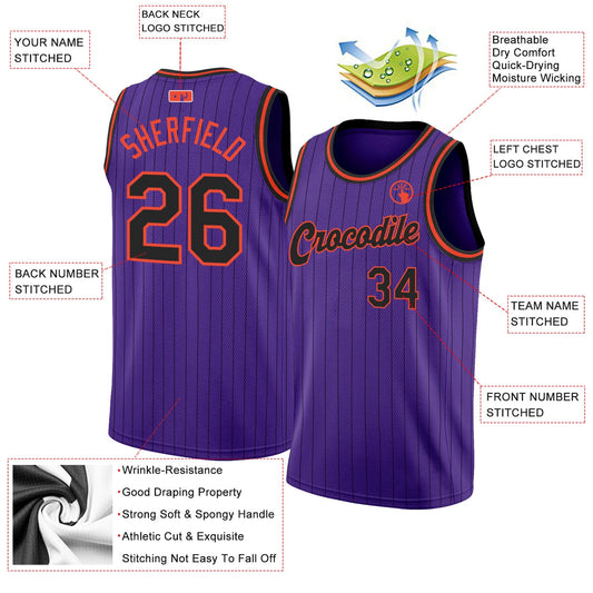 Custom Purple Black Pinstripe Black-Orange Authentic Basketball Jersey - Sky-Custom