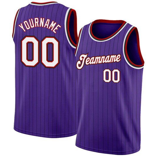 Custom Purple Black Pinstripe White-Red Authentic Basketball Jersey - Sky-Custom