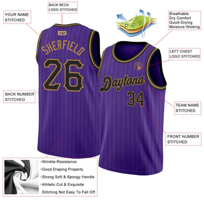 Custom Purple Black Pinstripe Black-Old Gold Authentic Basketball Jersey - Sky-Custom