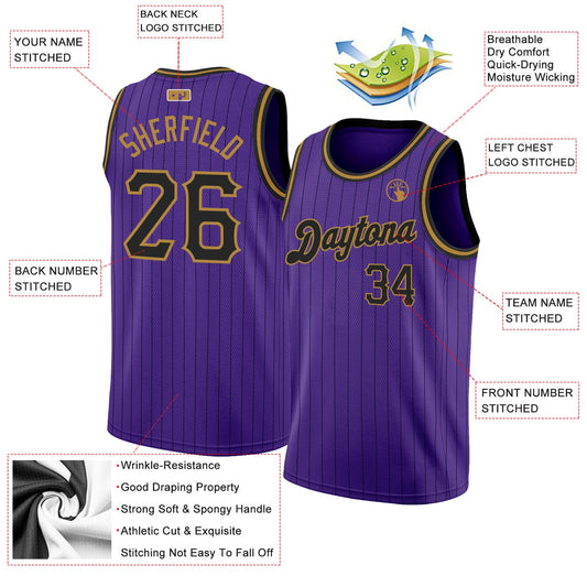 Custom Purple Black Pinstripe Black-Old Gold Authentic Basketball Jersey - Sky-Custom