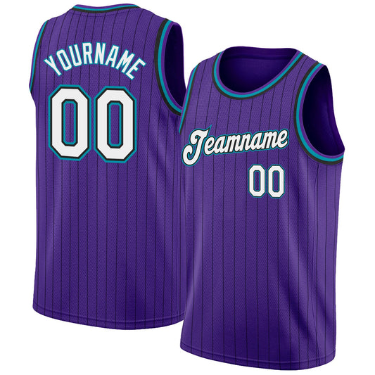 Custom Purple Black Pinstripe White-Teal Authentic Basketball Jersey - Sky-Custom