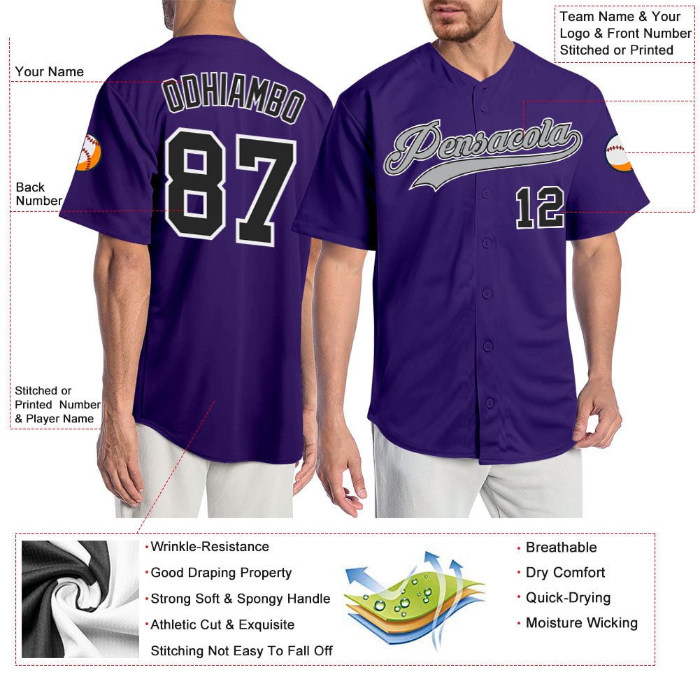 Custom Purple Black-Gray Authentic Baseball Jersey - Sky-Custom