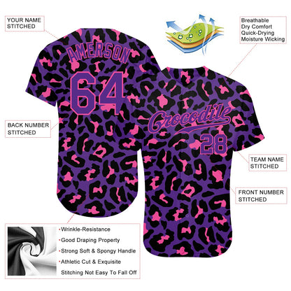Custom Purple Purple-Pink 3D Pattern Design Leopard Authentic Baseball Jersey - Sky-Custom