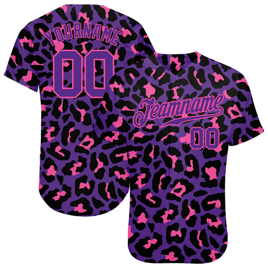Custom Purple Purple-Pink 3D Pattern Design Leopard Authentic Baseball Jersey - Sky-Custom