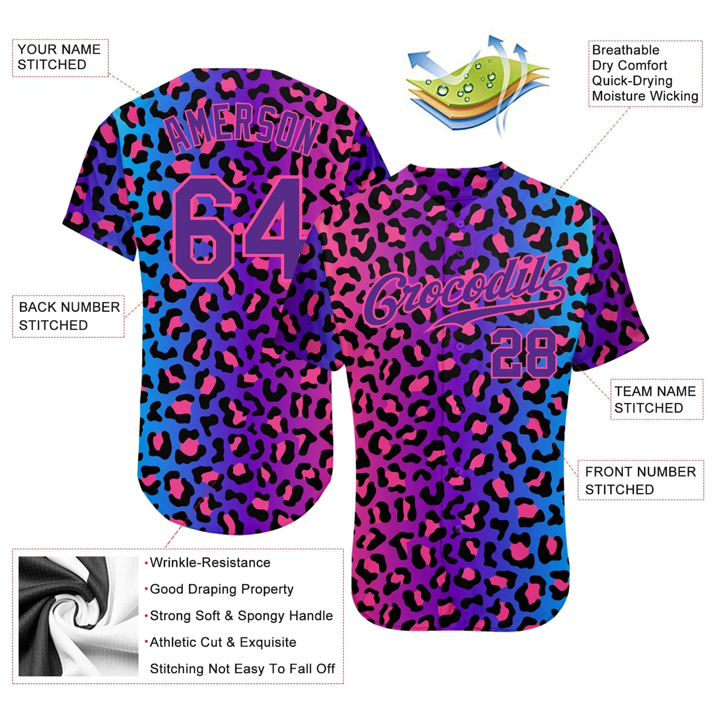 Custom Purple Purple-Pink 3D Pattern Design Leopard Authentic Baseball Jersey - Sky-Custom