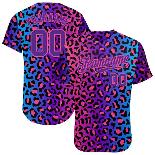 Custom Purple Purple-Pink 3D Pattern Design Leopard Authentic Baseball Jersey - Sky-Custom