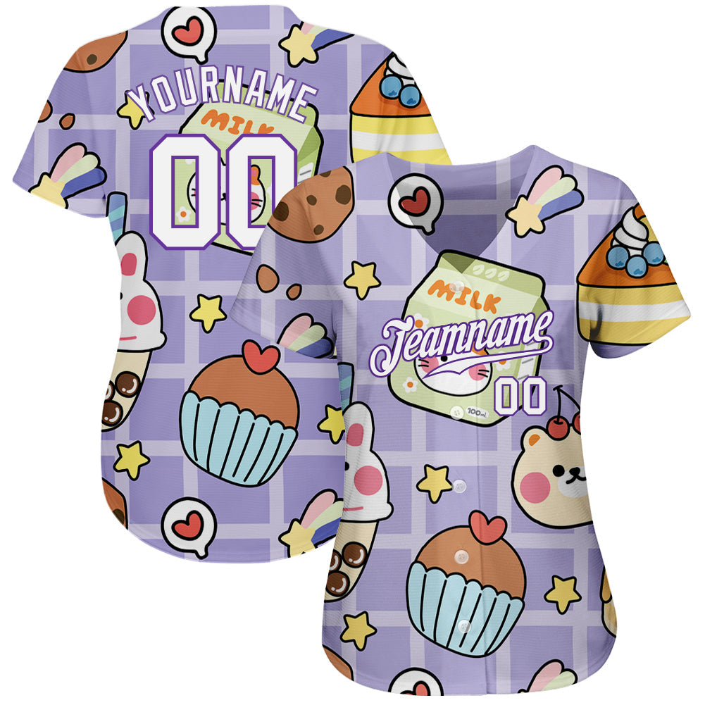 Custom Purple White-Purple 3D Pattern Design Sticker Cartoons Authentic Baseball Jersey - Sky-Custom