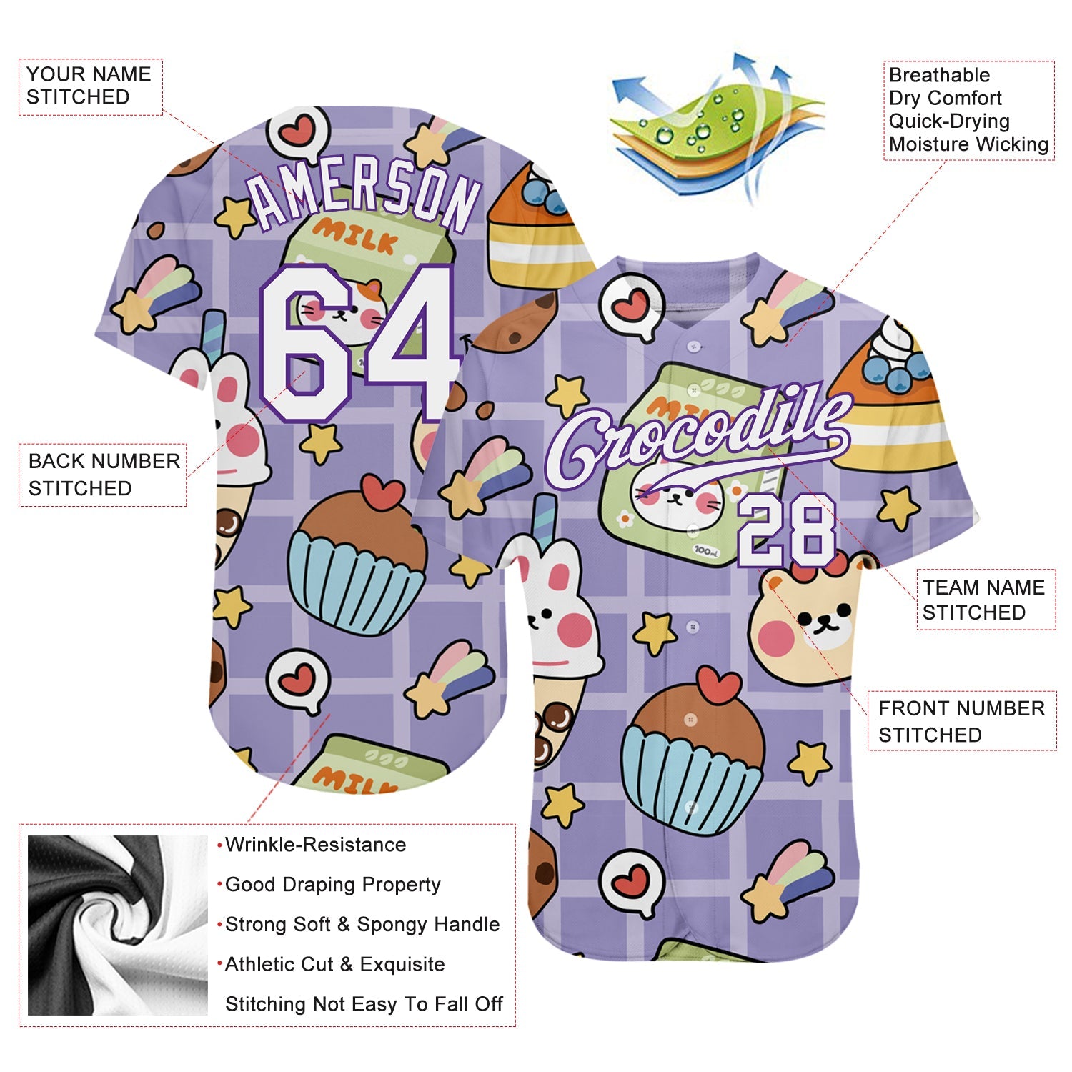 Custom Purple White-Purple 3D Pattern Design Sticker Cartoons Authentic Baseball Jersey - Sky-Custom