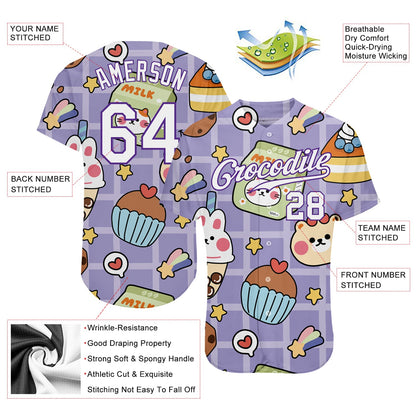 Custom Purple White-Purple 3D Pattern Design Sticker Cartoons Authentic Baseball Jersey - Sky-Custom