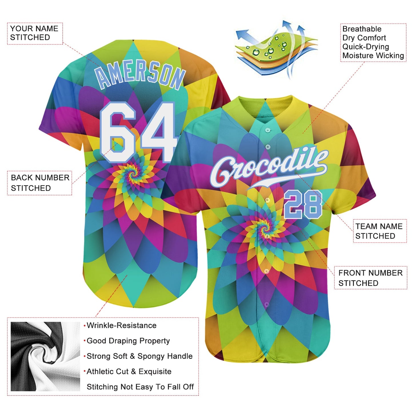 Custom Purple White-Light Blue 3D Pattern Design Rainbow Spiral Authentic Baseball Jersey - Sky-Custom