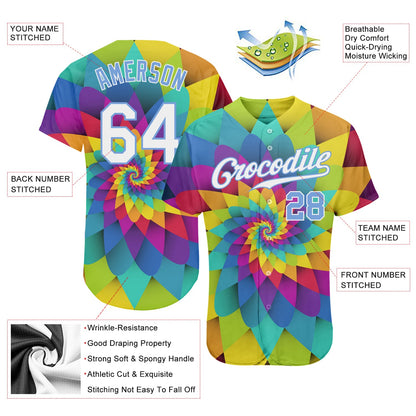 Custom Purple White-Light Blue 3D Pattern Design Rainbow Spiral Authentic Baseball Jersey - Sky-Custom