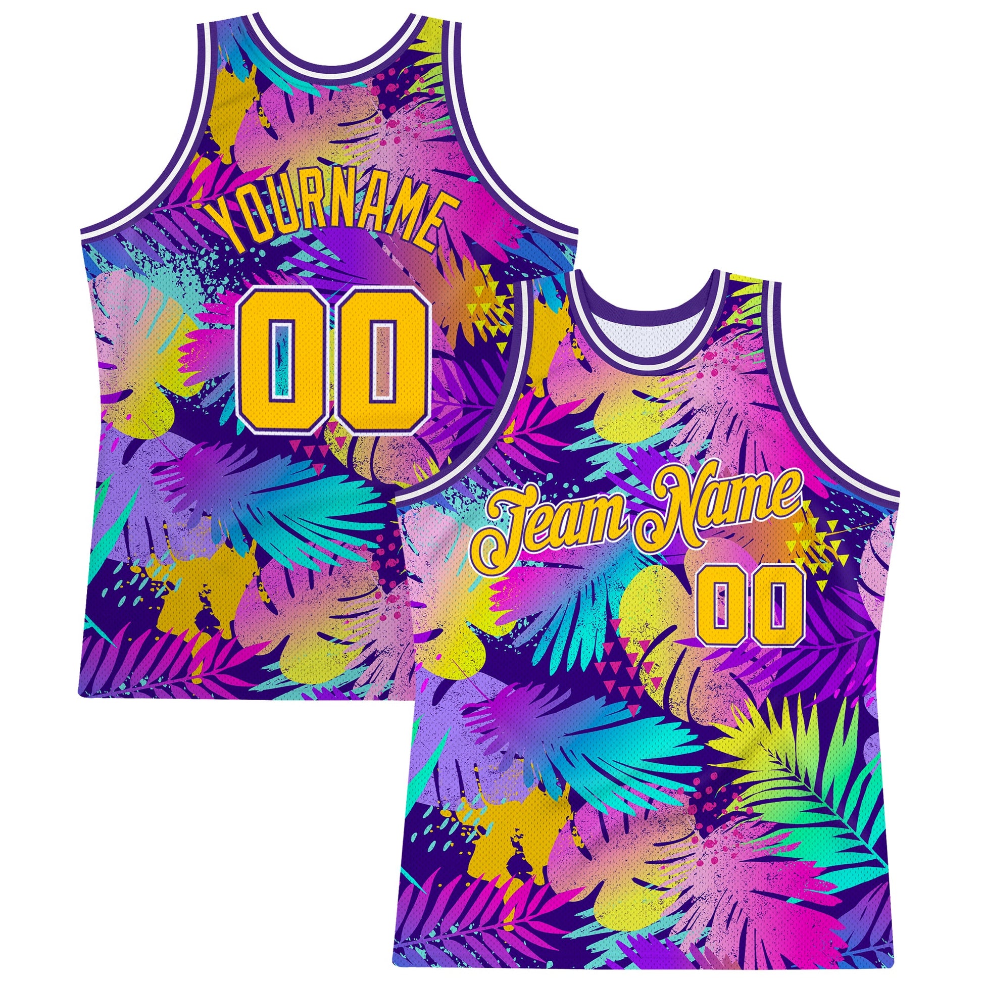 Custom Purple Gold-White 3D Pattern Tropical Hawaii Plants Authentic Basketball Jersey - Sky-Custom