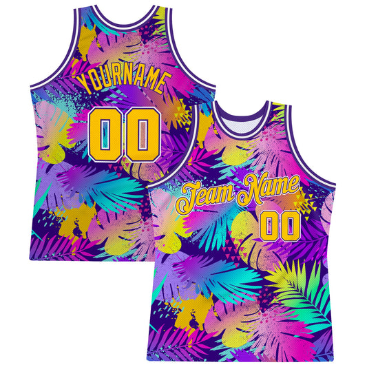 Custom Purple Gold-White 3D Pattern Tropical Hawaii Plants Authentic Basketball Jersey - Sky-Custom