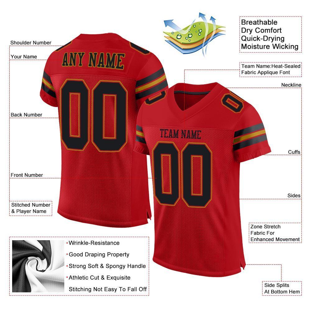 Custom Red Black-Old Gold Mesh Authentic Football Jersey - Sky-Custom