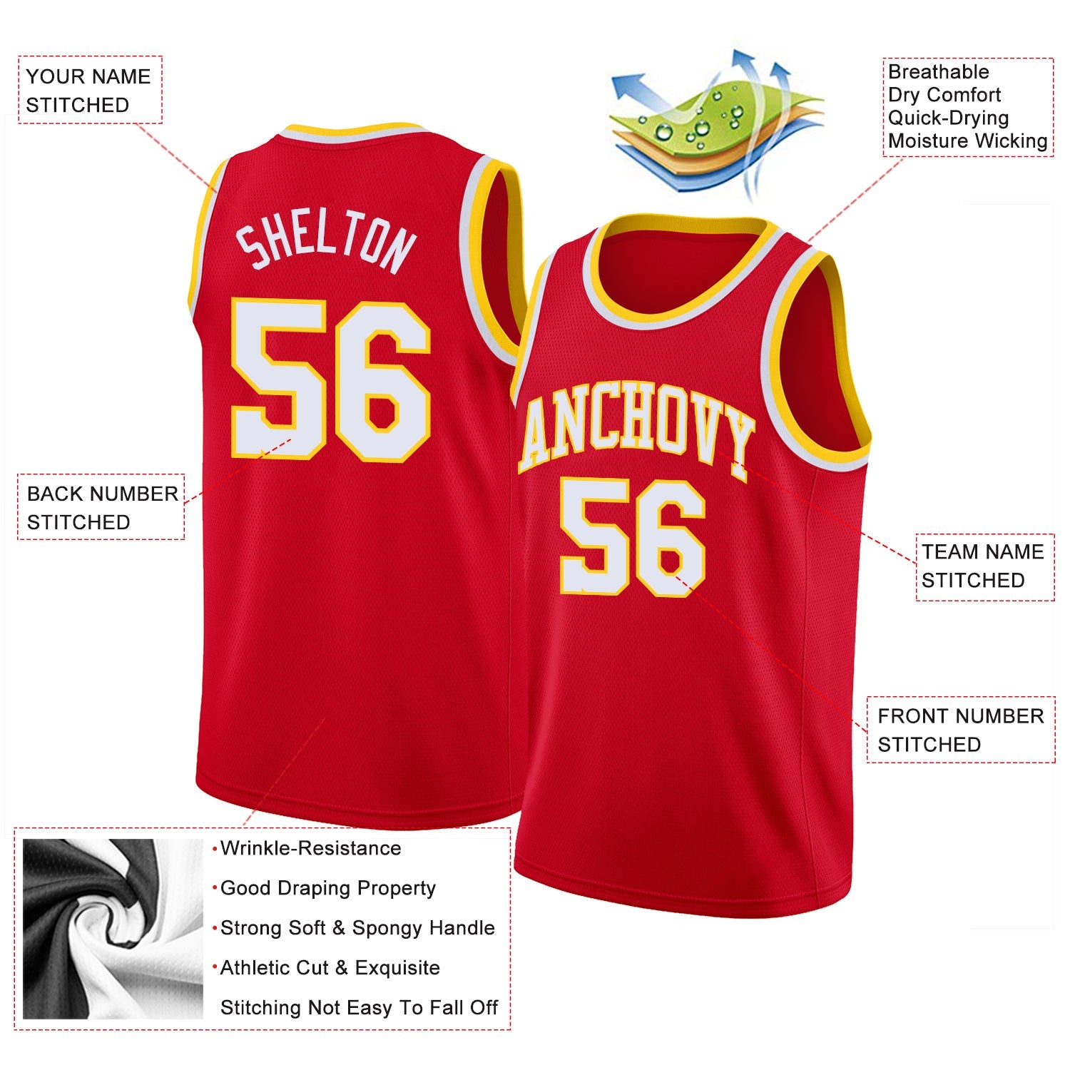 Custom Red White-Gold Round Neck Rib-Knit Basketball Jersey - Sky-Custom