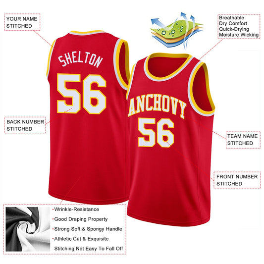 Custom Red White-Gold Round Neck Rib-Knit Basketball Jersey - Sky-Custom