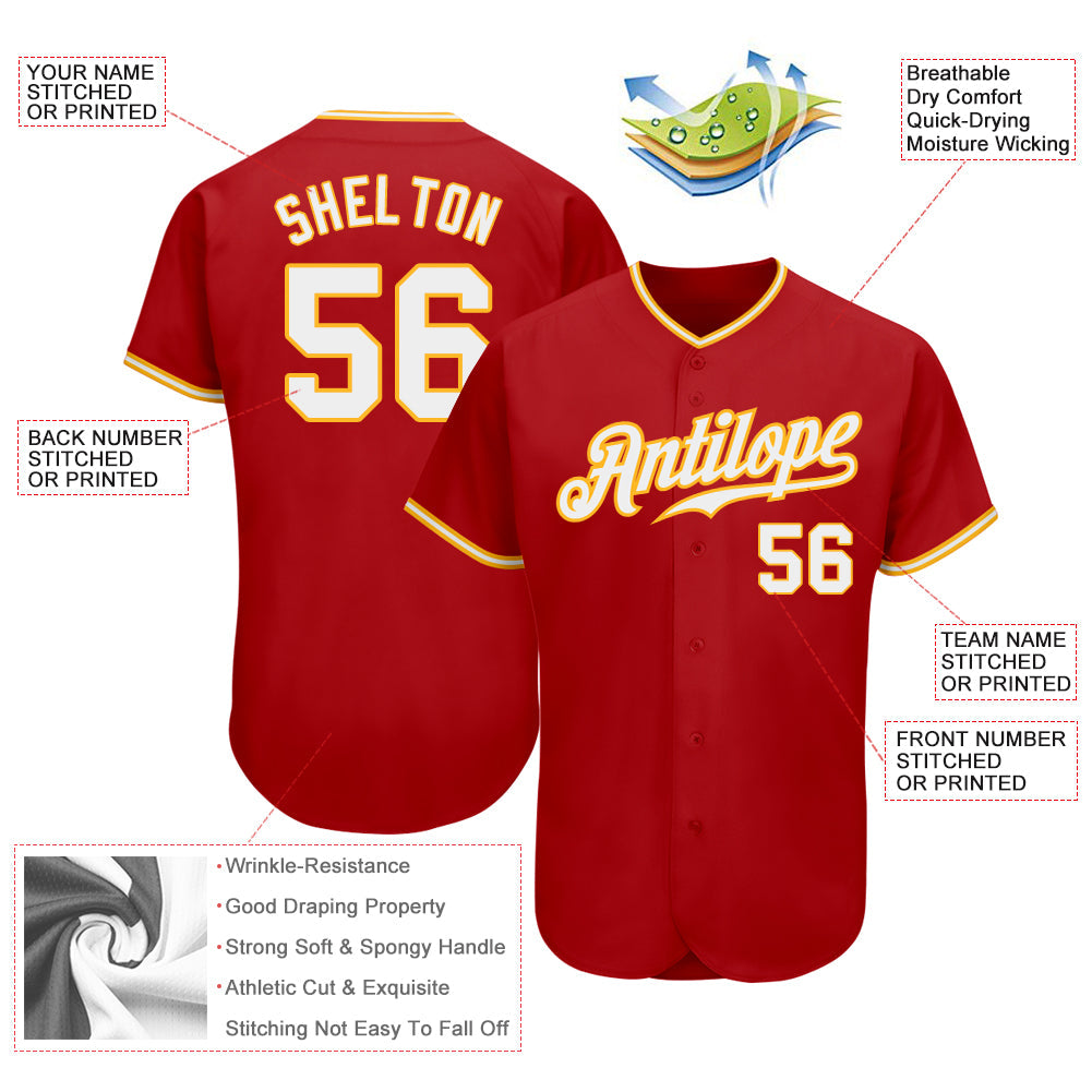 Custom Red White-Gold Authentic Baseball Jersey - Sky-Custom