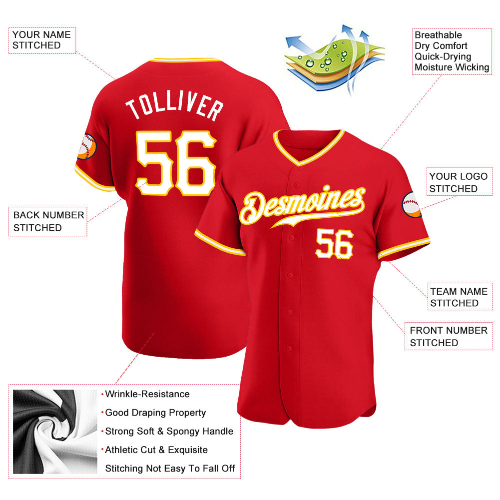 Custom Red White-Gold Authentic Baseball Jersey - Sky-Custom
