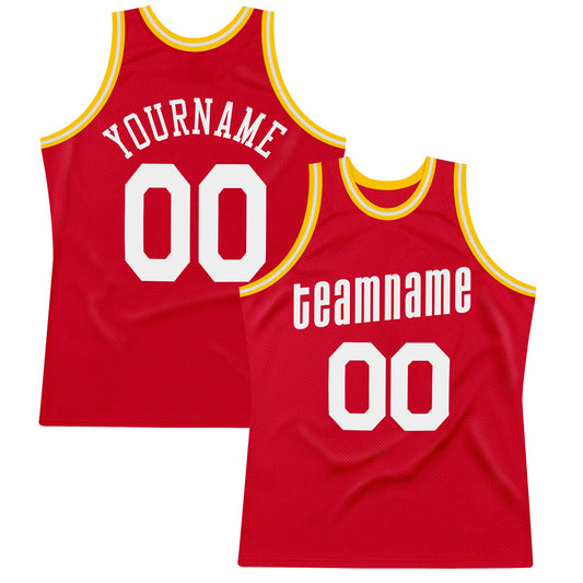 Custom Red White-Gold Authentic Throwback Basketball Jersey - Sky-Custom