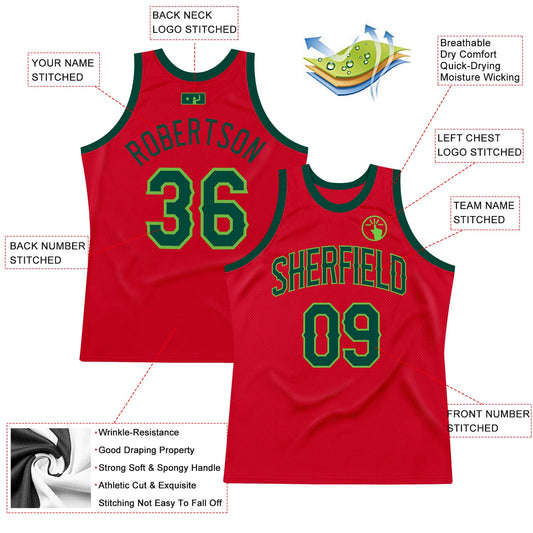 Custom Red Hunter Green-Neon Green Authentic Throwback Basketball Jersey - Sky-Custom