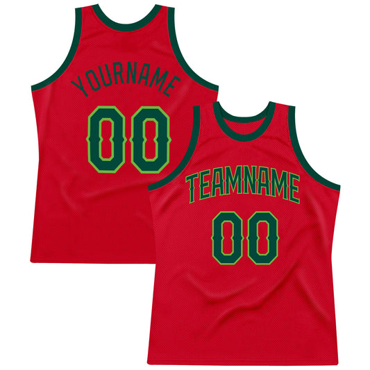 Custom Red Hunter Green-Neon Green Authentic Throwback Basketball Jersey - Sky-Custom