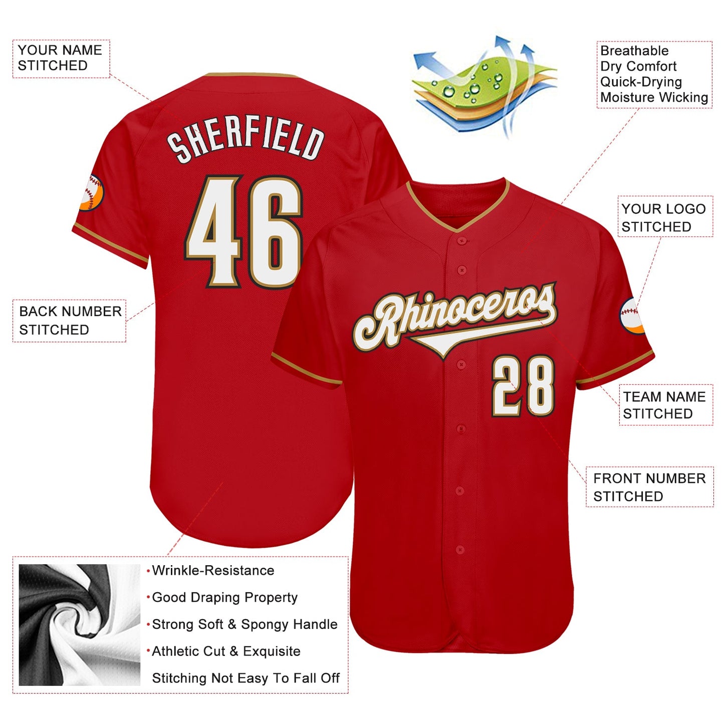 Custom Red White-Old Gold Authentic Baseball Jersey - Sky-Custom