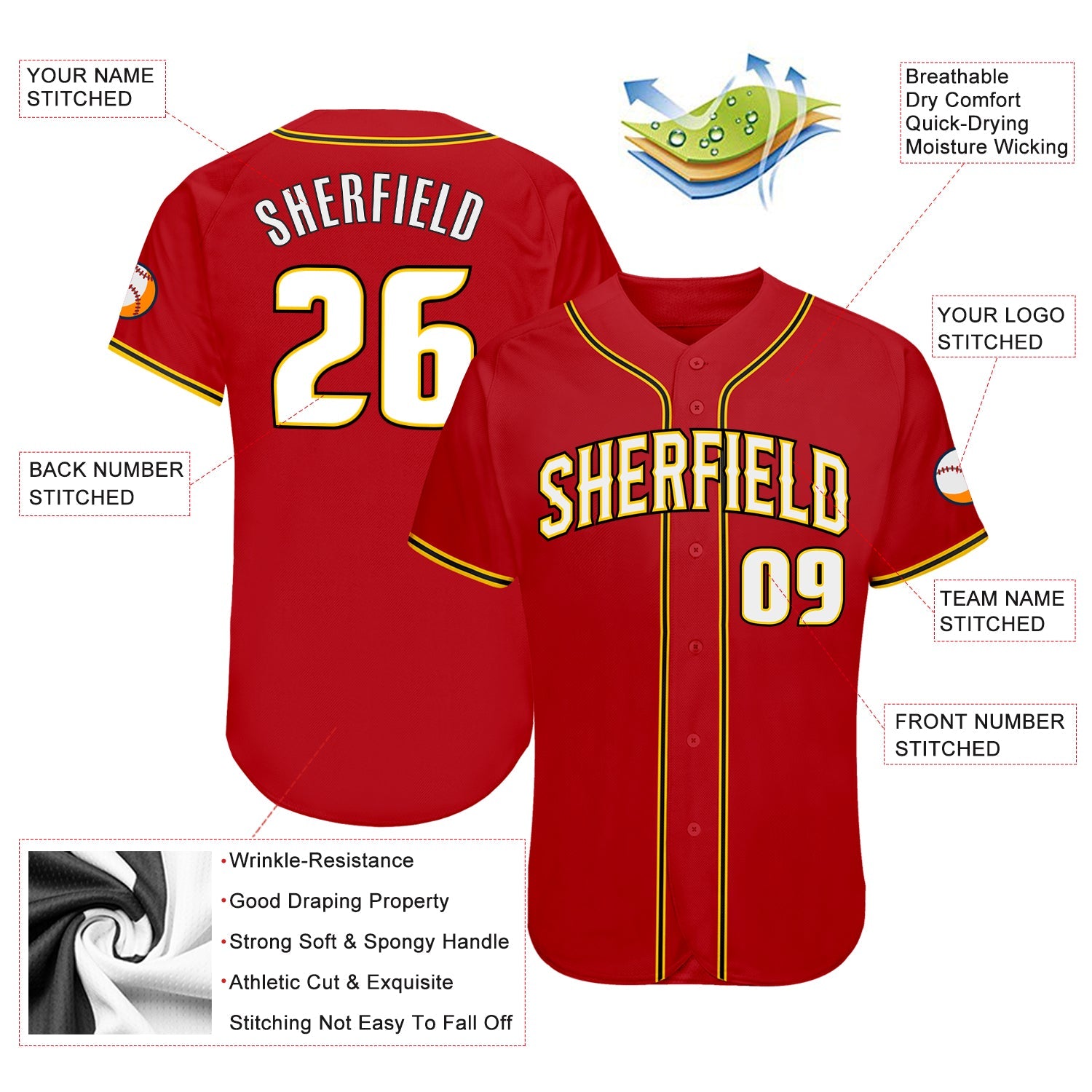 Custom Red White-Gold Authentic Baseball Jersey - Sky-Custom