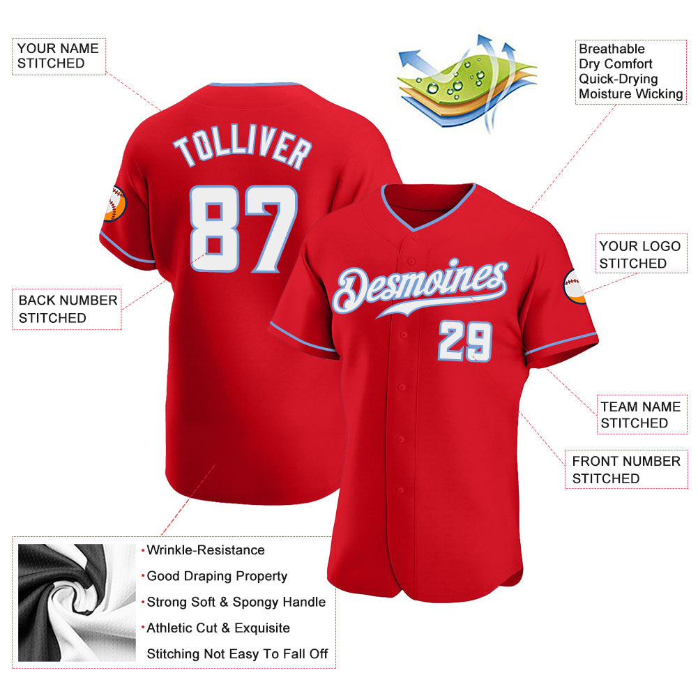 Custom Red White-Light Blue Authentic Baseball Jersey - Sky-Custom