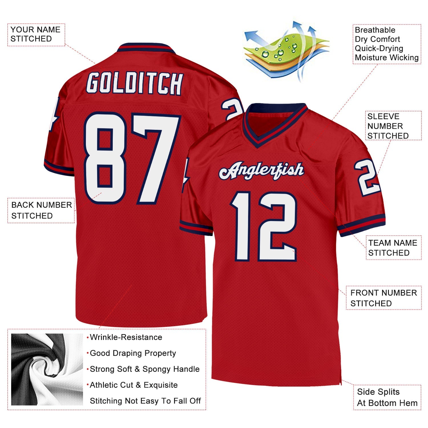 Custom Red White-Navy Mesh Authentic Throwback Football Jersey - Sky-Custom
