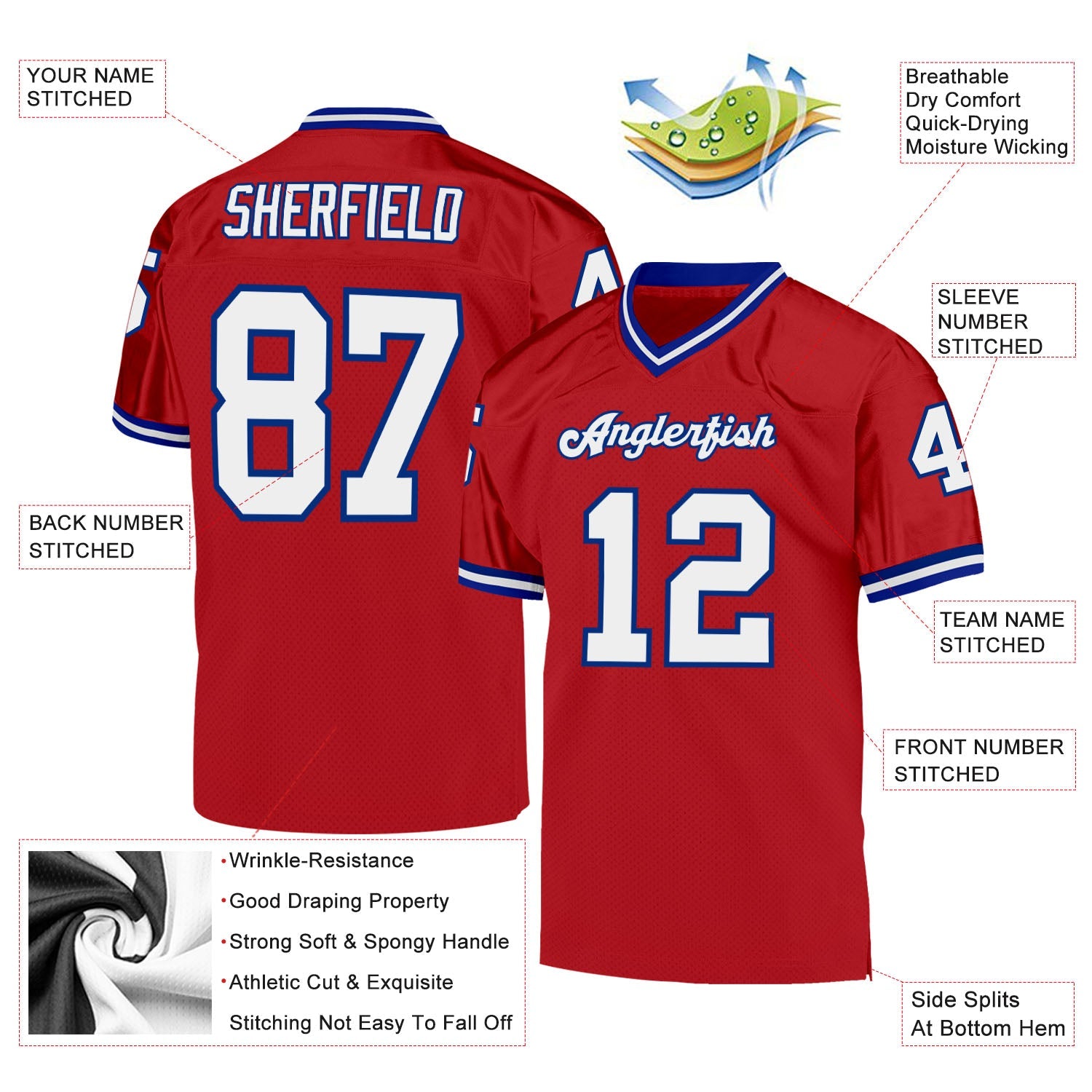 Custom Red White-Royal Mesh Authentic Throwback Football Jersey - Sky-Custom