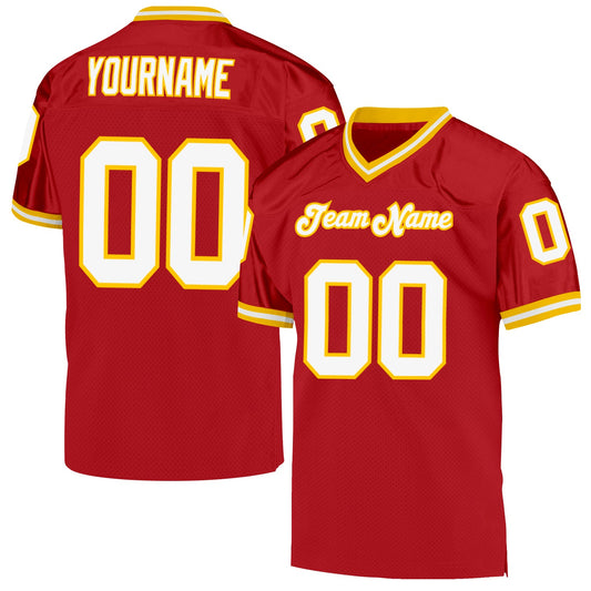 Custom Red White-Gold Mesh Authentic Throwback Football Jersey - Sky-Custom