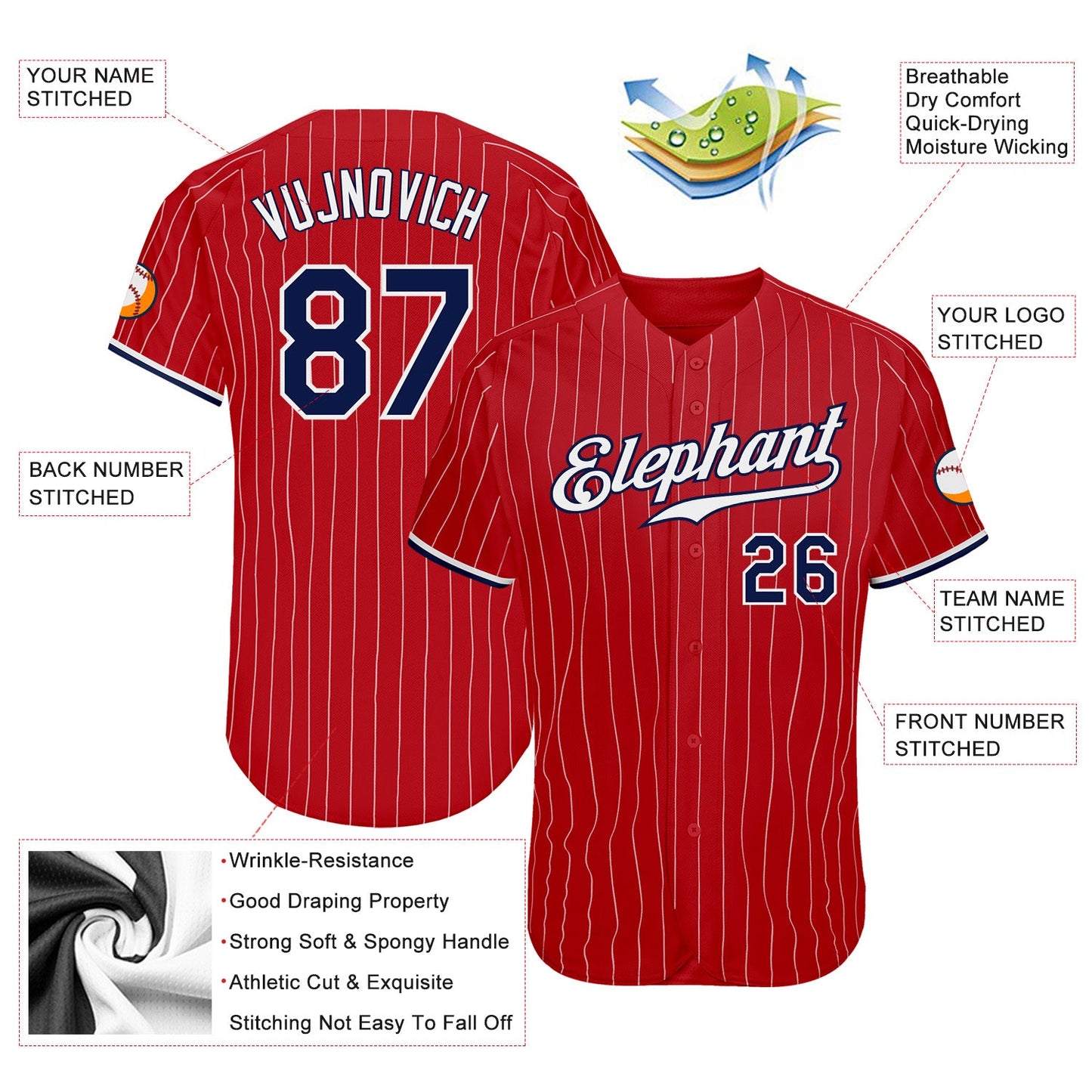 Custom Red White Pinstripe Navy-White Authentic Baseball Jersey - Sky-Custom